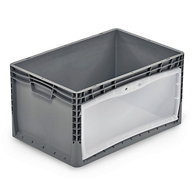 Bac plastique gerbable norme Europe à porte translucide - OUVERTURE GRAND CÔTÉ 66 L