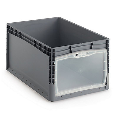 Bac plastique gerbable norme Europe à porte translucide - OUVERTURE PETIT CÔTÉ 66 L